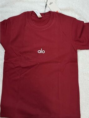 ALO Yoga men or women Short Sleeve Tee in Burgundy Red with White Logo